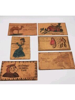 Set of 6 Antique Leather Postcards Early 1900s Various Themes and Postmarks